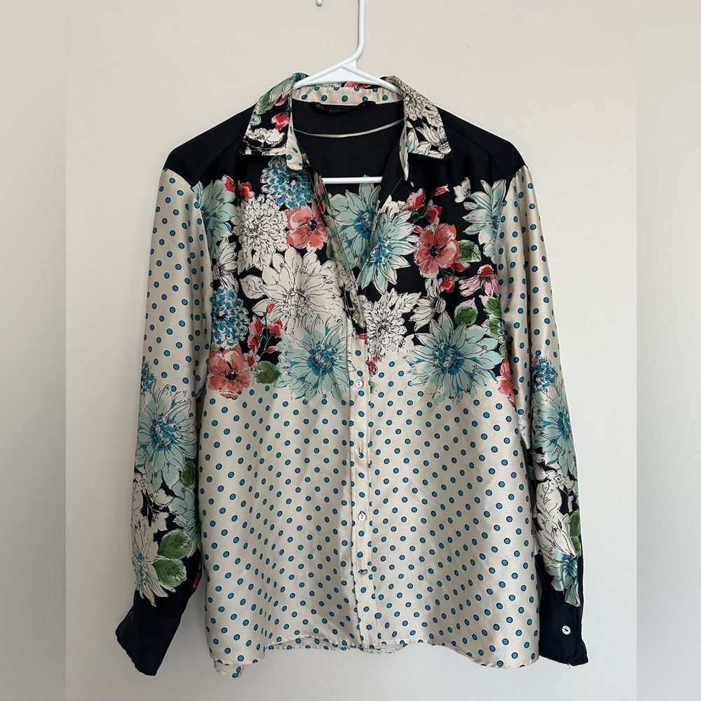 Zara floral and polka dot long sleeve blouse button down shirt